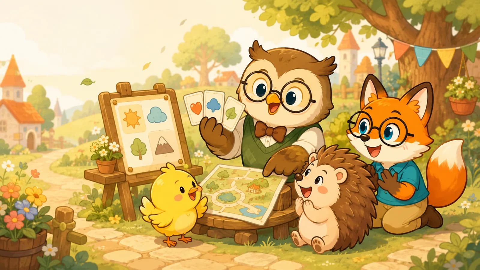 フクロウ先生が仲間たちに診断カードと冒険の地図を見せているイラスト