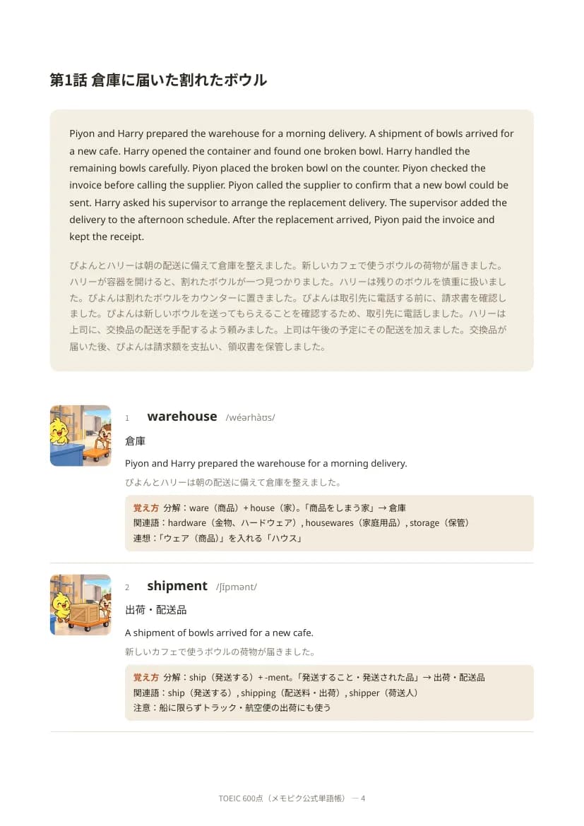 PDFの1ページ。物語の英文と日本語訳の下に、単語ごとの絵・発音記号・意味・例文・覚え方が並んでいる